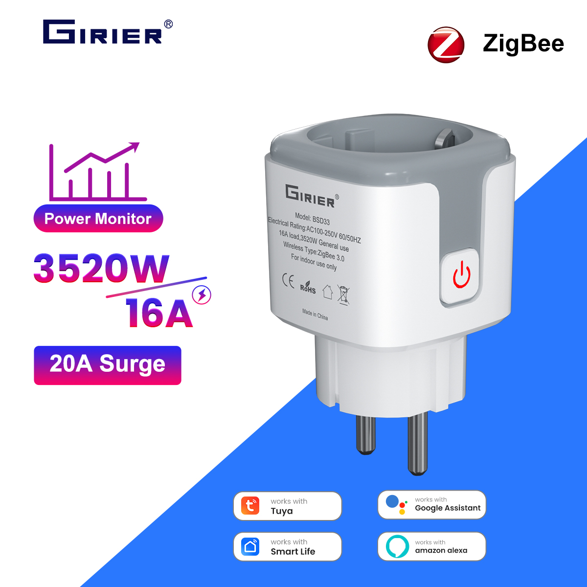 Smart Plug Zigbee 16A - GIRIER Tuya Smart ZigBee Prise Intelligente