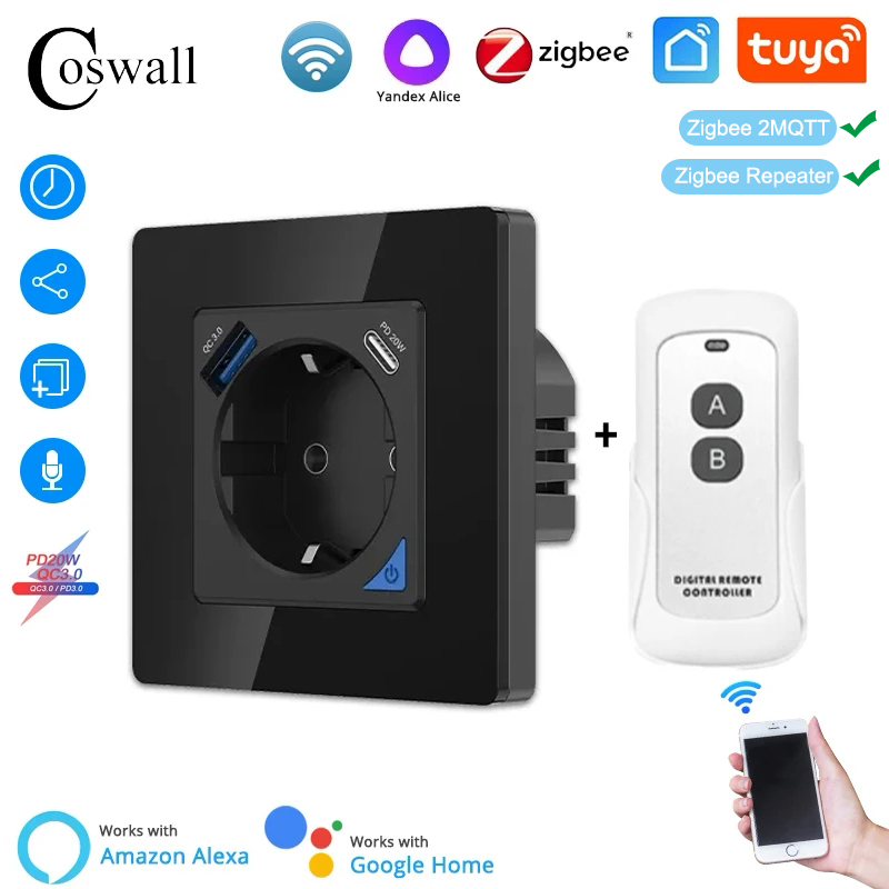 Smart Plug Zigbee 16A - Coswall Alice Glass Zigbee Tuya prise
